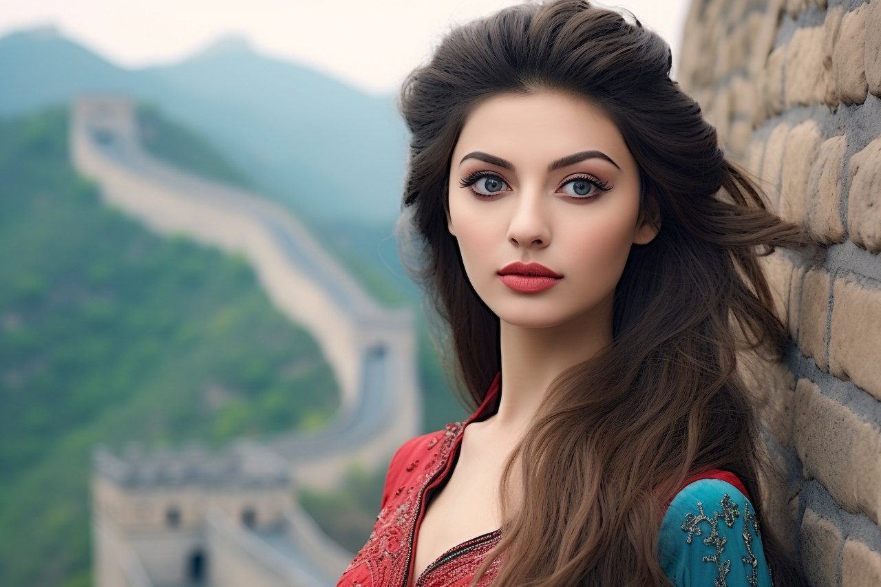 Confident traveler explores great wall of china