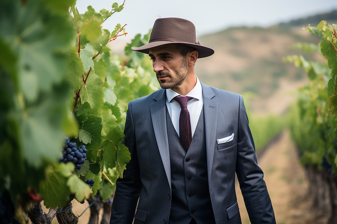 Stylish man in a suit walks through a vineyard