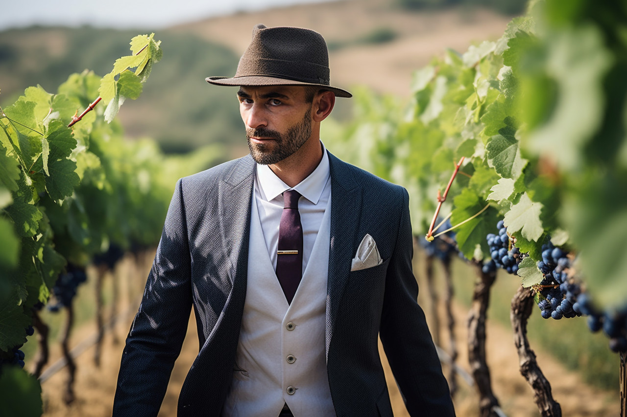 Stylish man in a suit walks through a vineyard