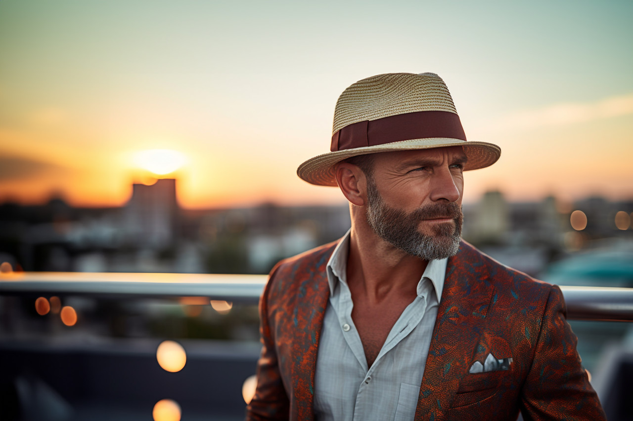 Stylish man at a sunset rooftop bar
