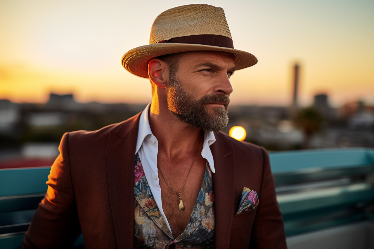 Stylish man at a sunset rooftop bar