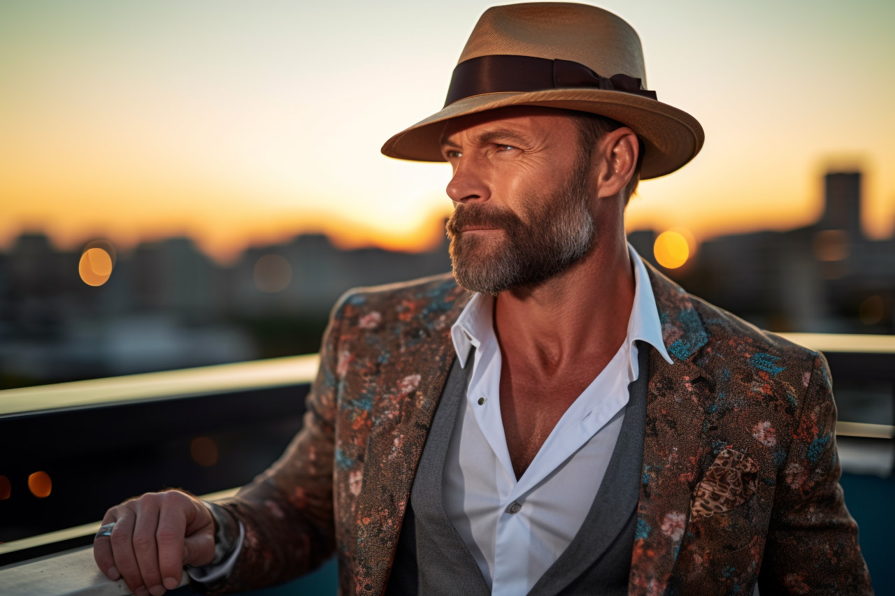 Stylish man at a sunset rooftop bar