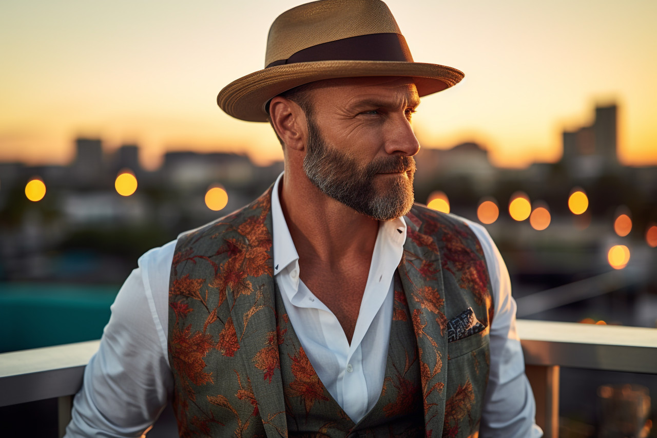 Stylish man at a sunset rooftop bar