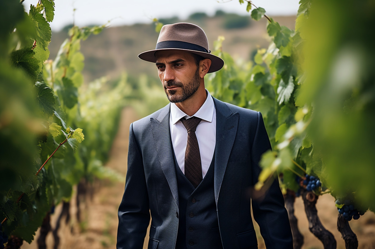 Stylish man in a suit walks through a vineyard