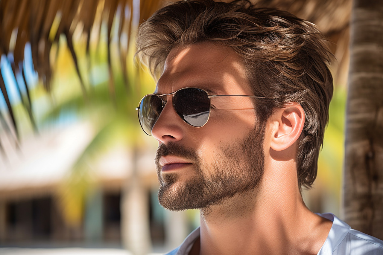 Handsome man relaxing on white sand beach