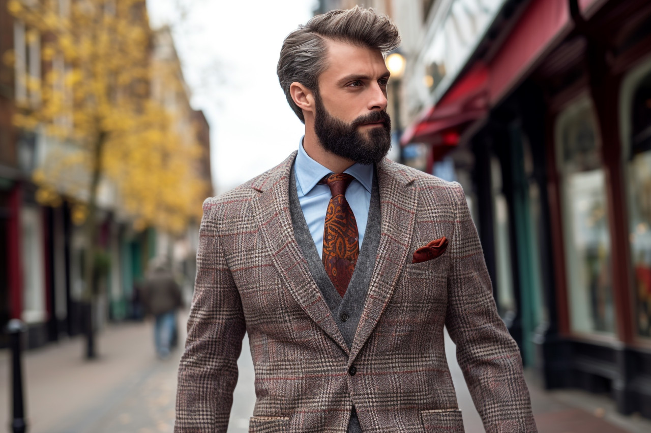 Man walking down cobblestone street