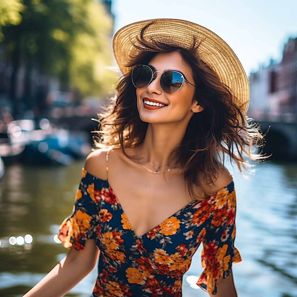 Charming woman strolls along amsterdam's scenic canals