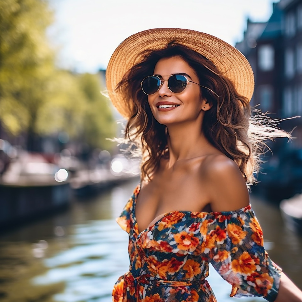Charming woman strolls along amsterdam's scenic canals