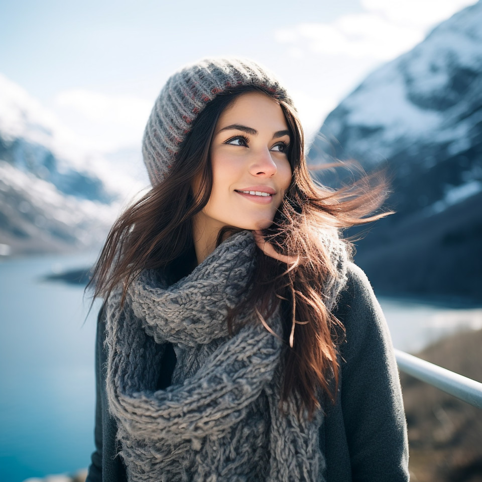 Woman admires norwegian fjords