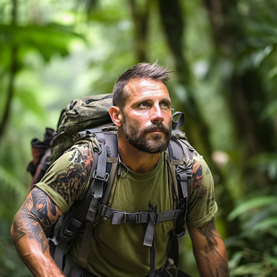 Jungle adventurer on a thrilling trek