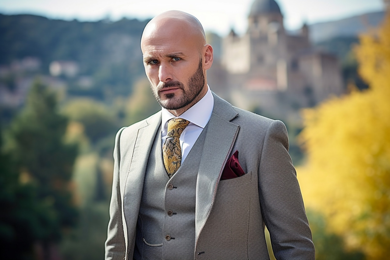 Historic castle visitor in stylish suit