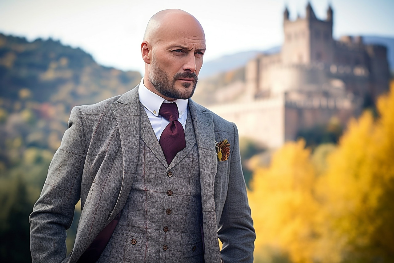 Historic castle visitor in stylish suit