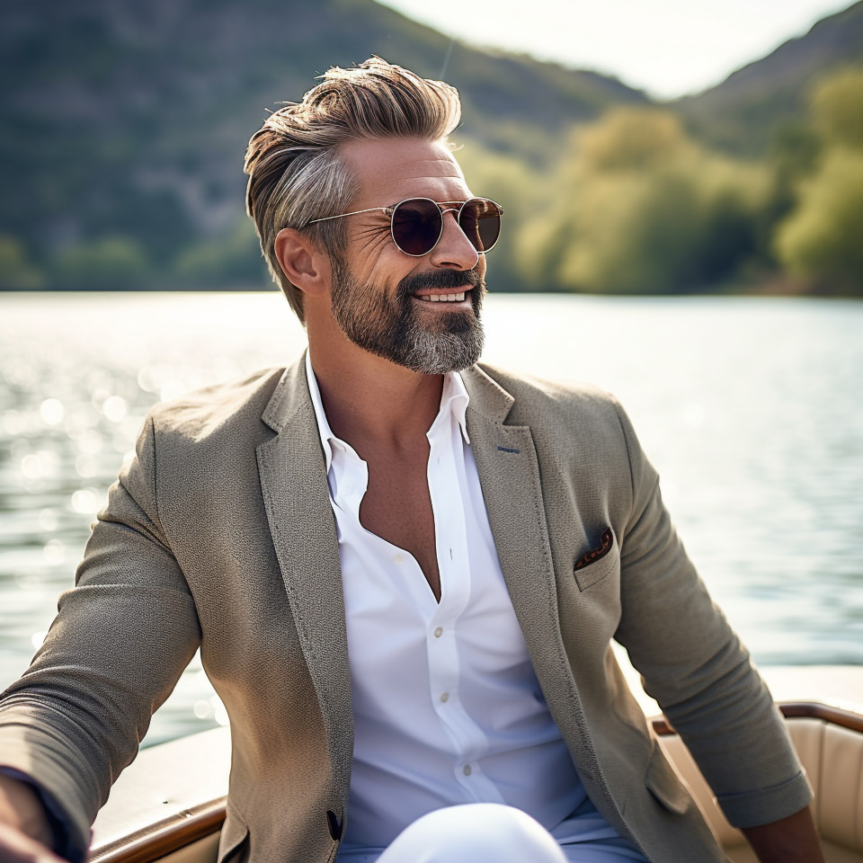Manly boater on tranquil lake
