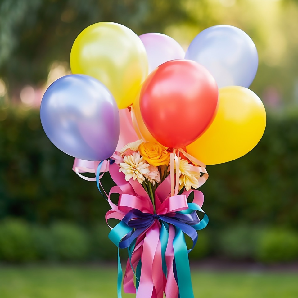 Colorful balloon bouquet with ribbon
