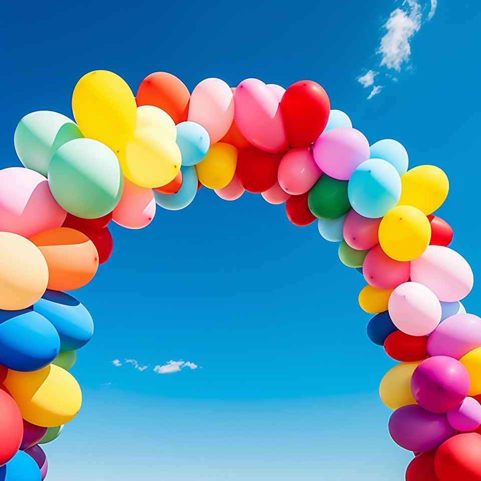 Colorful balloon arch under a bright blue sky