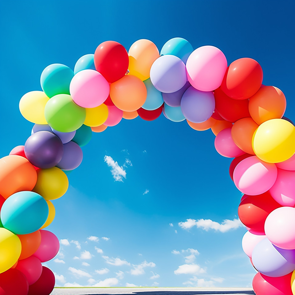 Colorful balloon arch under a bright blue sky