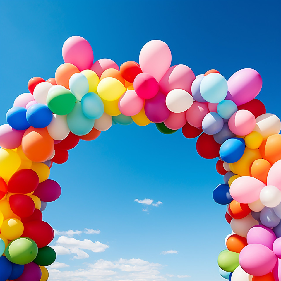 Colorful balloon arch under a bright blue sky