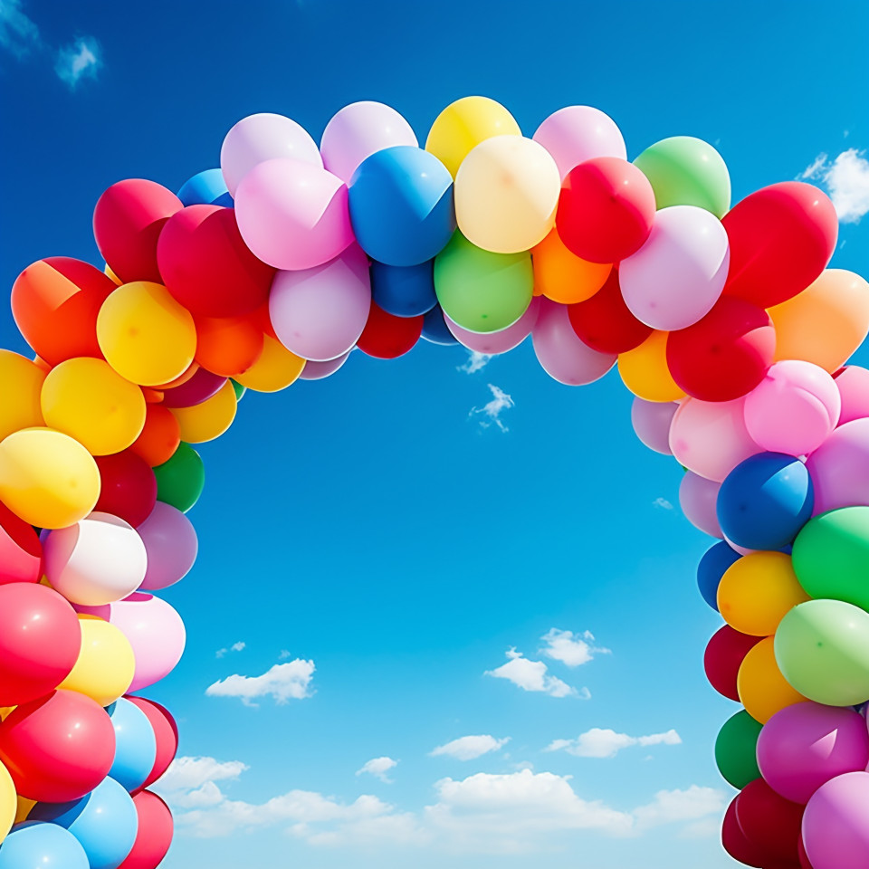 Colorful balloon arch under a bright blue sky