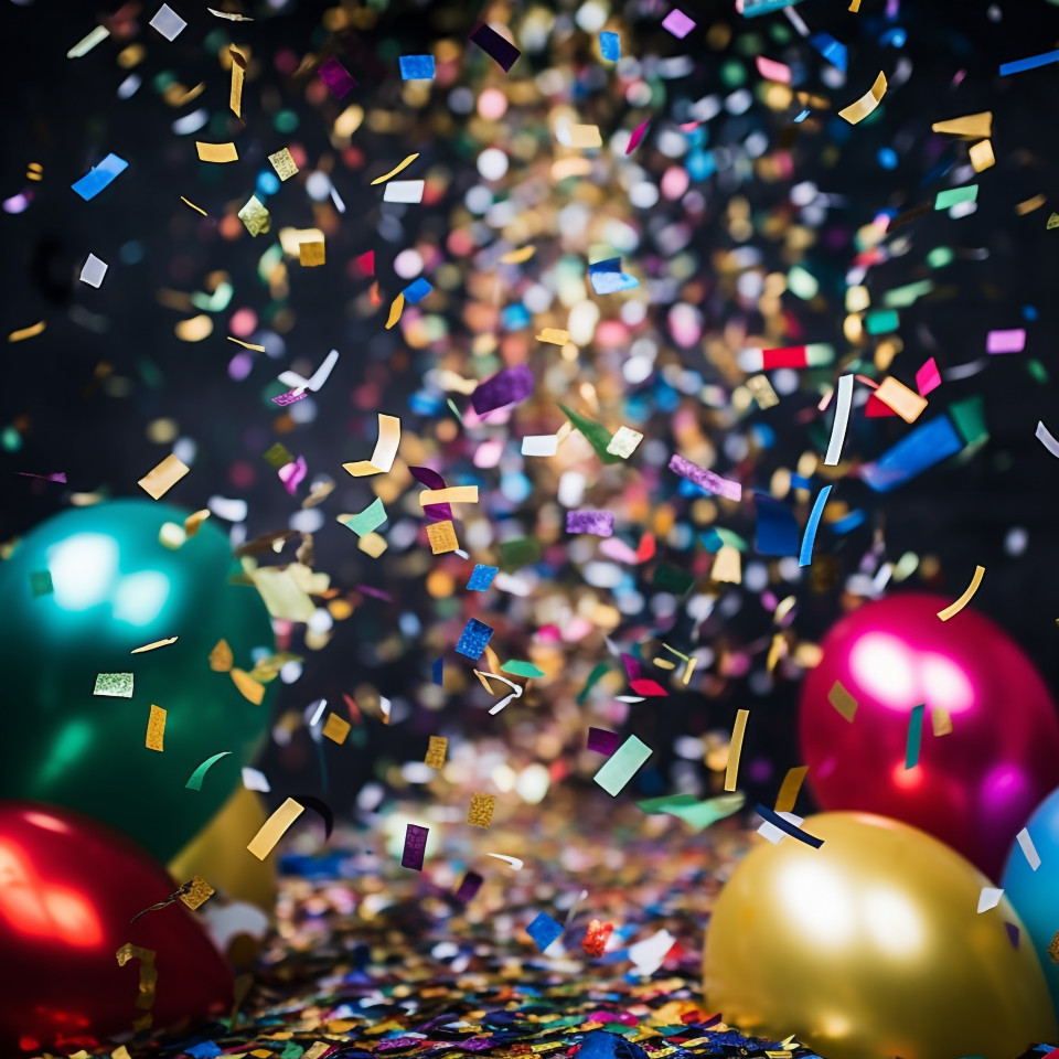 Colorful balloons and confetti floating down