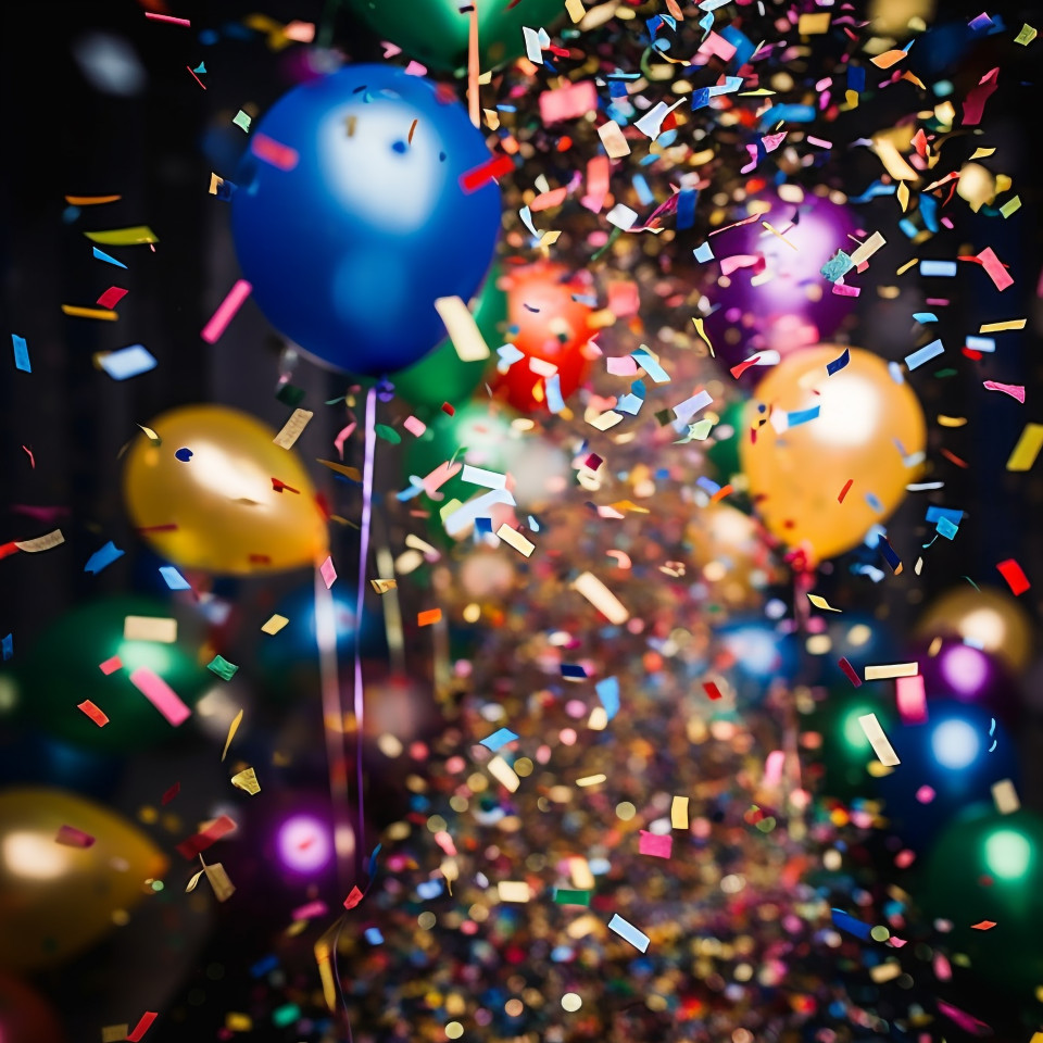 Colorful balloons and confetti floating down