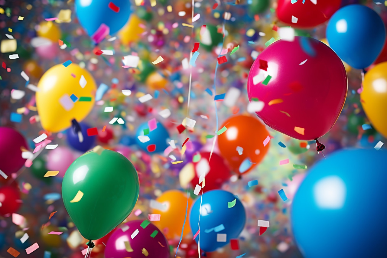 Colorful balloons and confetti raining down