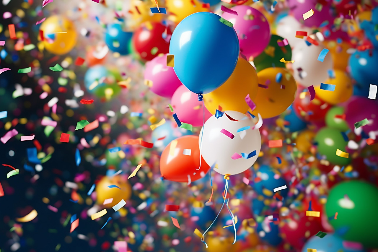 Colorful balloons and confetti raining down