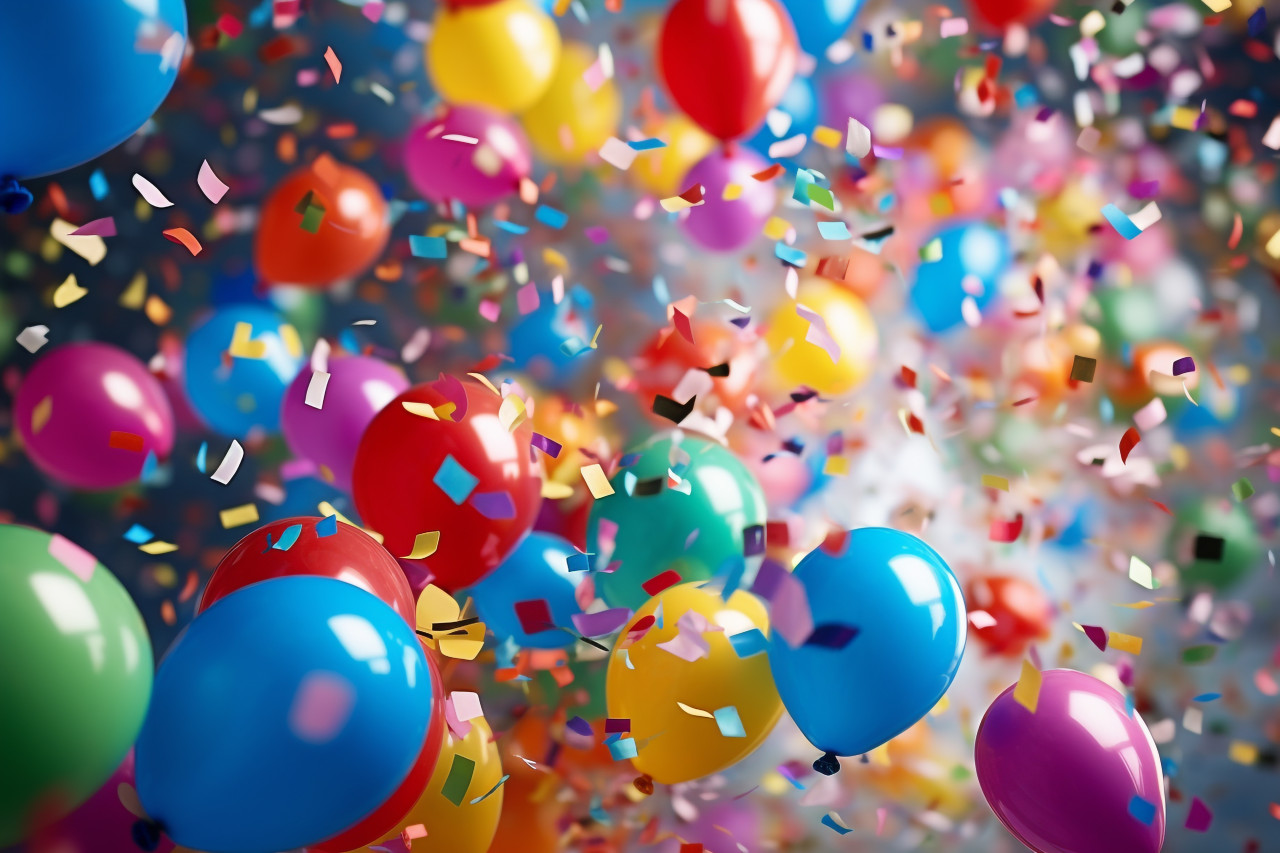 Colorful balloons and confetti raining down