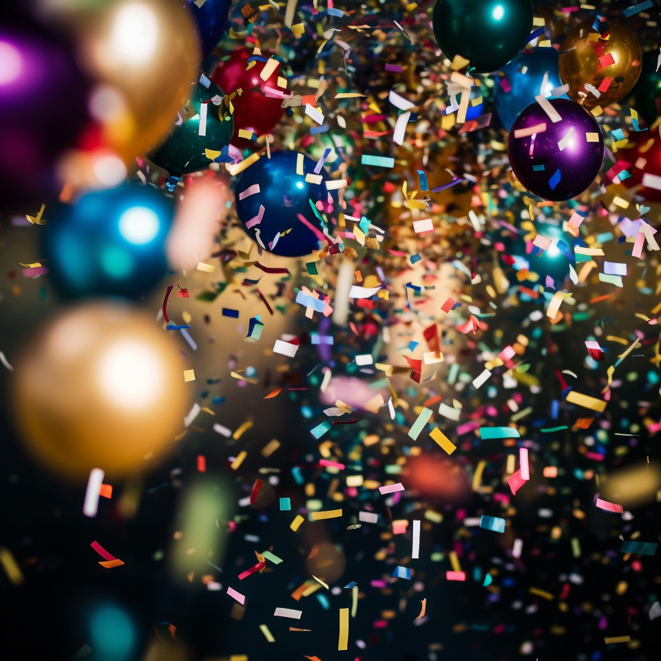 Colorful balloons and confetti floating down