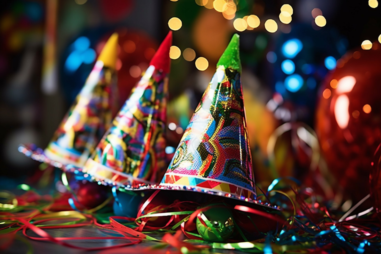 Colorful party hats and noisemakers for any celebration
