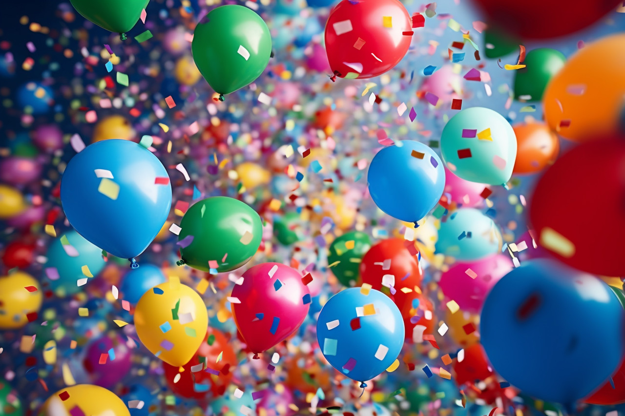 Colorful balloons and confetti raining down