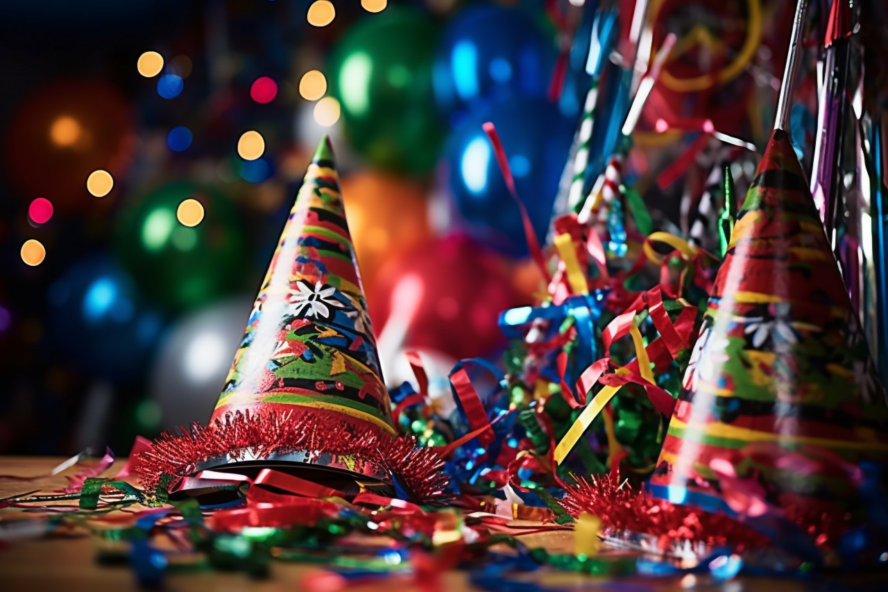 Colorful party hats and noisemakers for any celebration