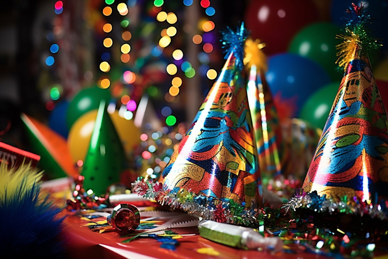 Colorful party hats and noisemakers for any celebration