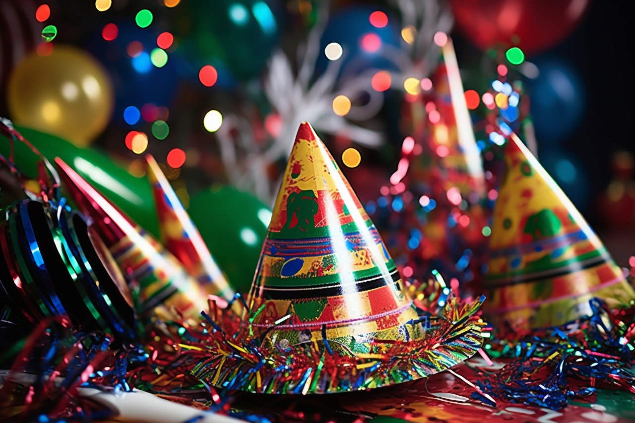 Colorful party hats and noisemakers for any celebration