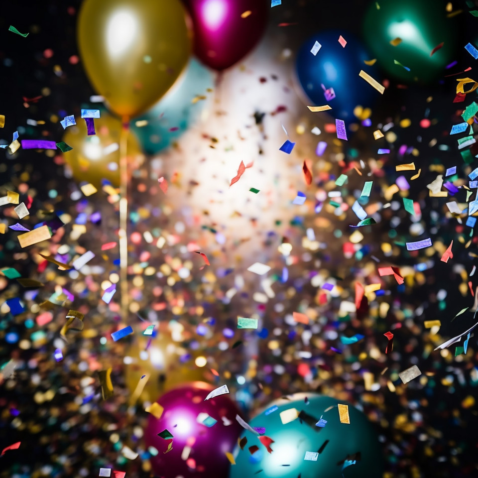 Colorful balloons and confetti floating down