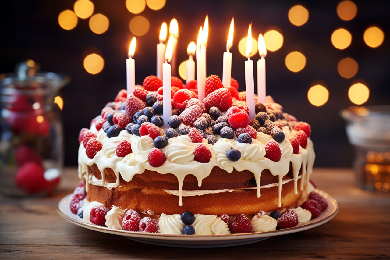 Colorful cake with lit candles