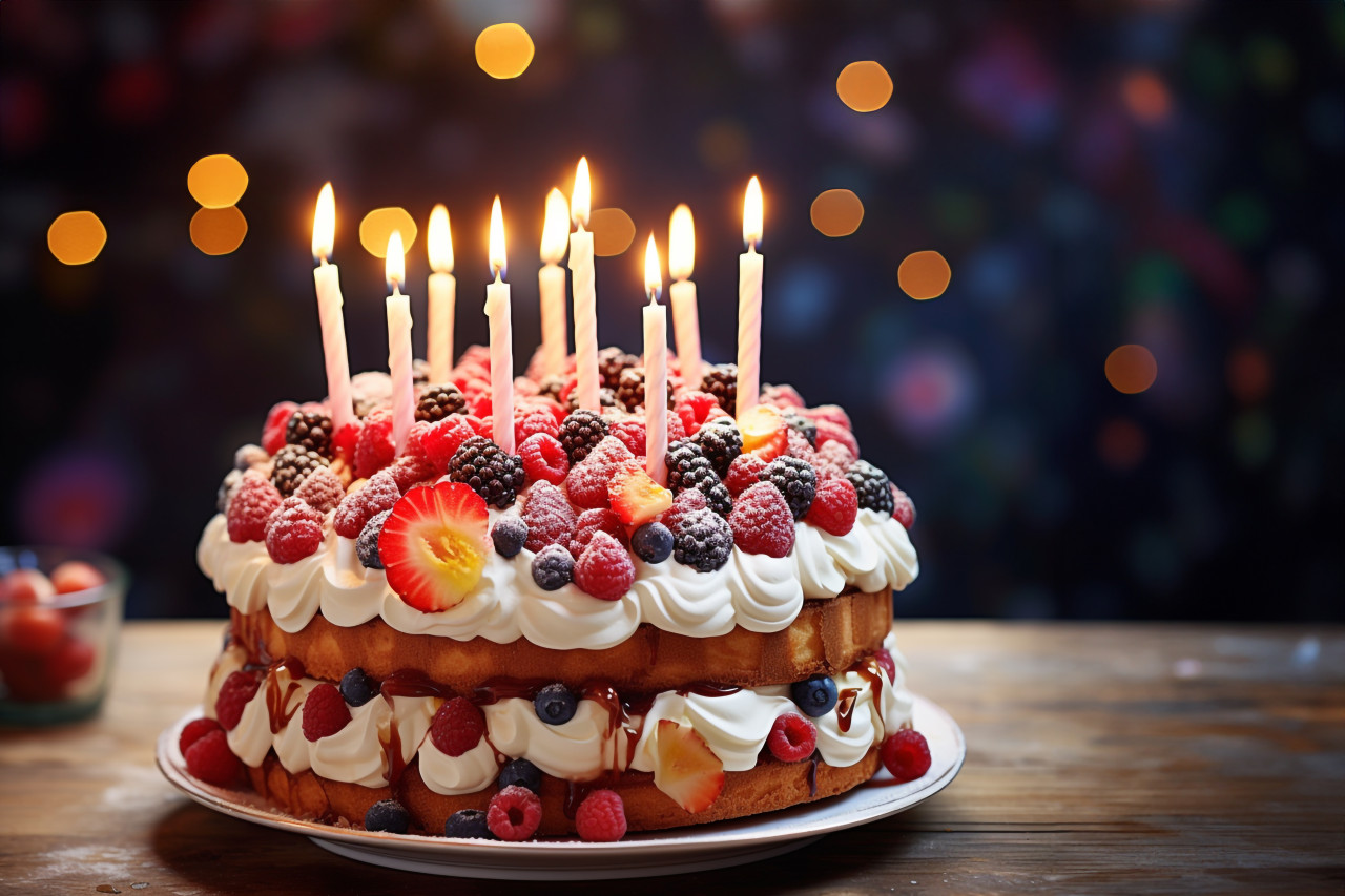 Colorful cake with lit candles