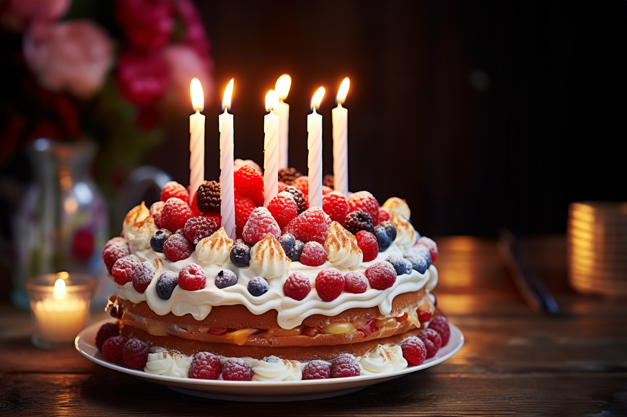Colorful cake with lit candles