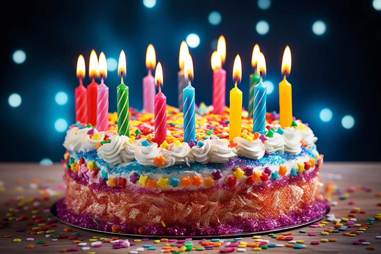 Birthday cake candles glowing brightly