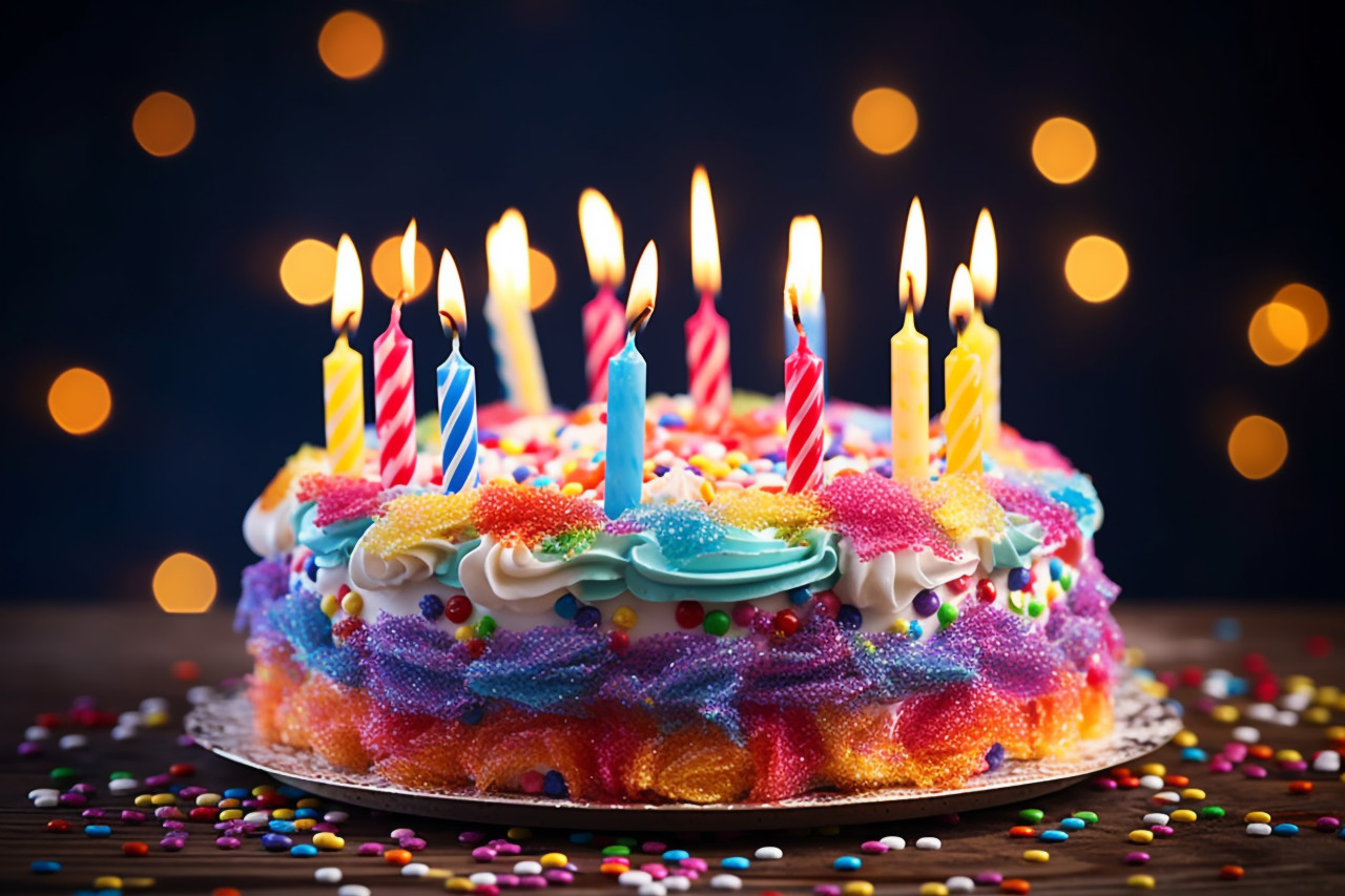 Birthday cake candles glowing brightly