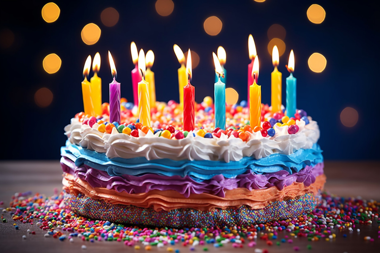 Birthday cake candles glowing brightly