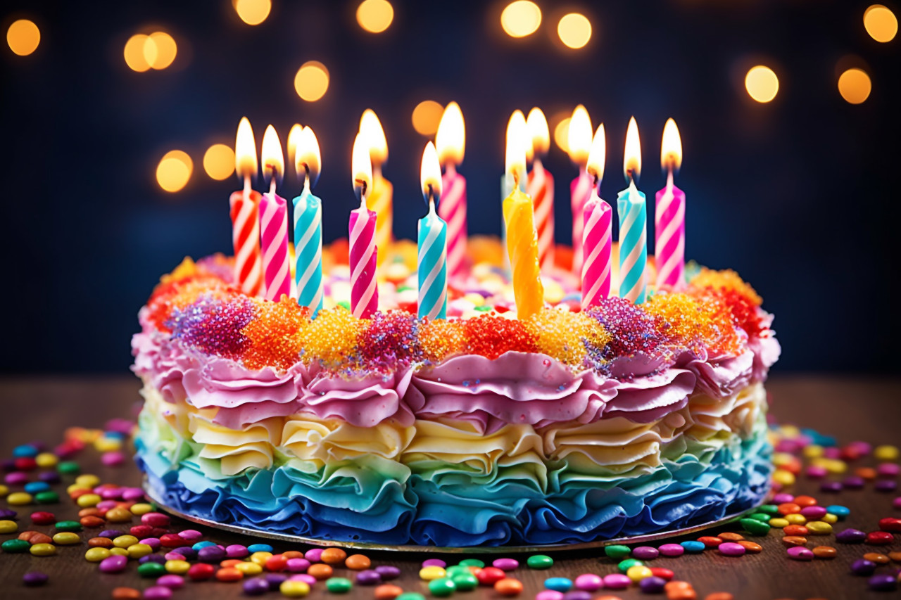 Birthday cake candles glowing brightly