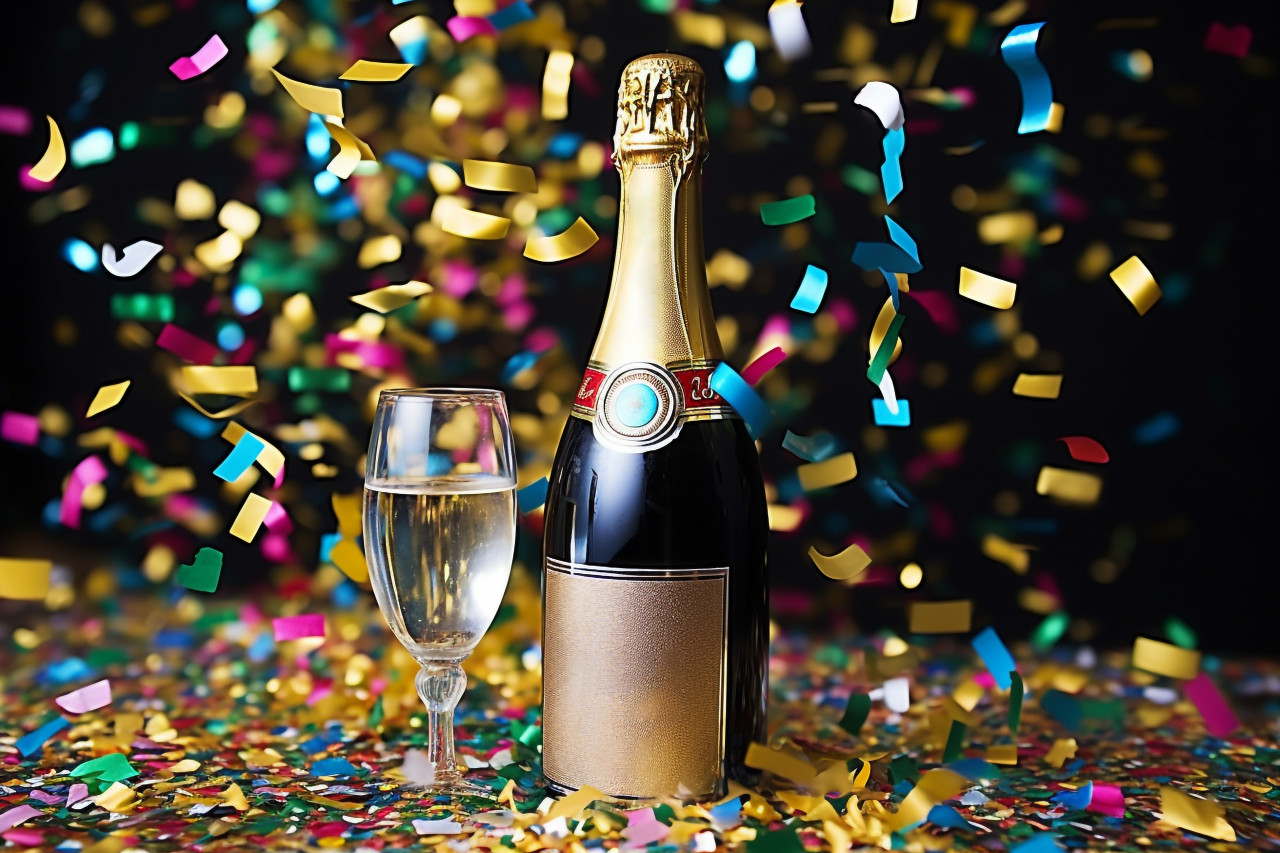 Champagne bottle with confetti celebration
