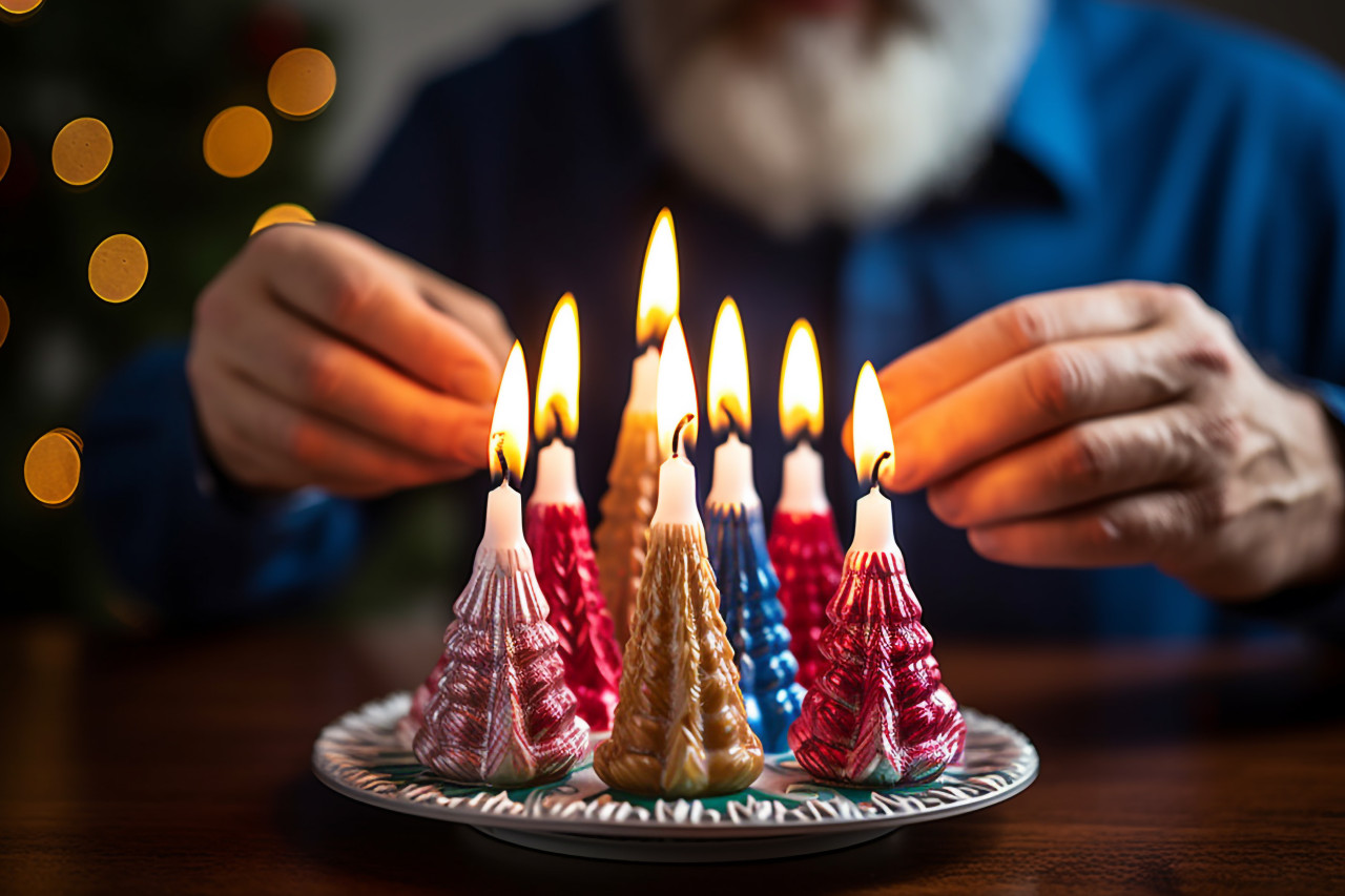 Hanukkah menorah candle lighting man