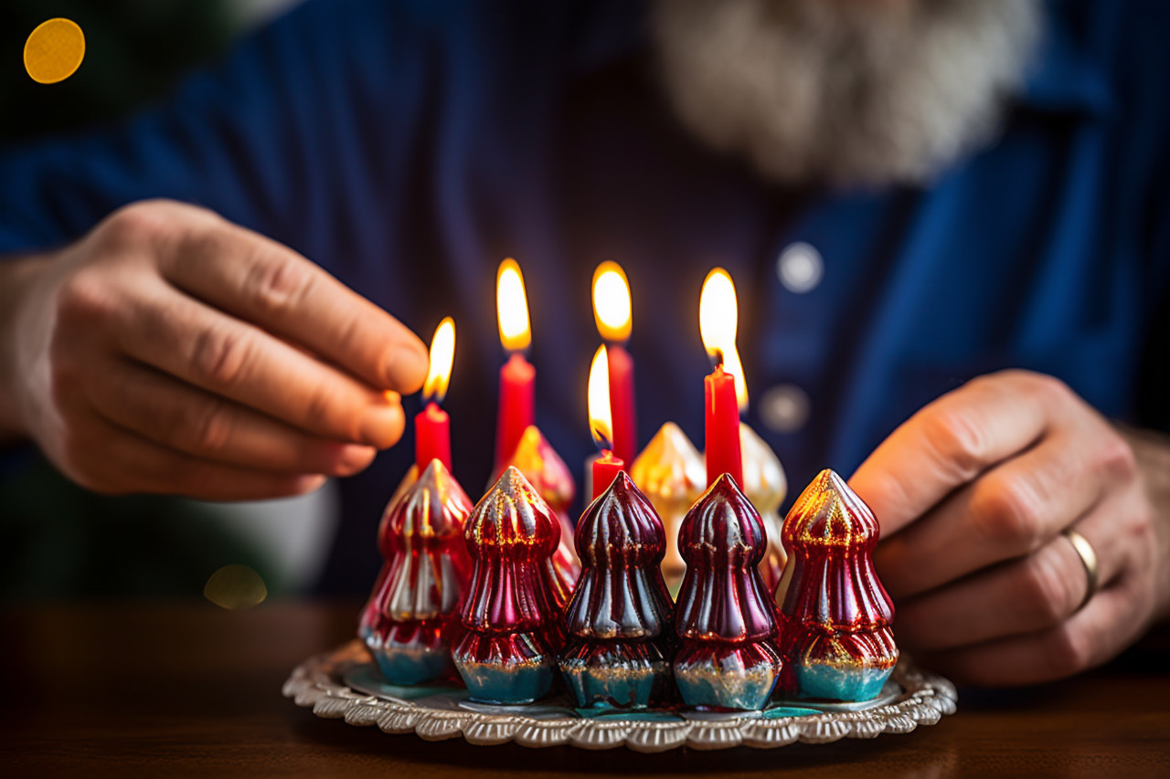 Hanukkah menorah candle lighting man