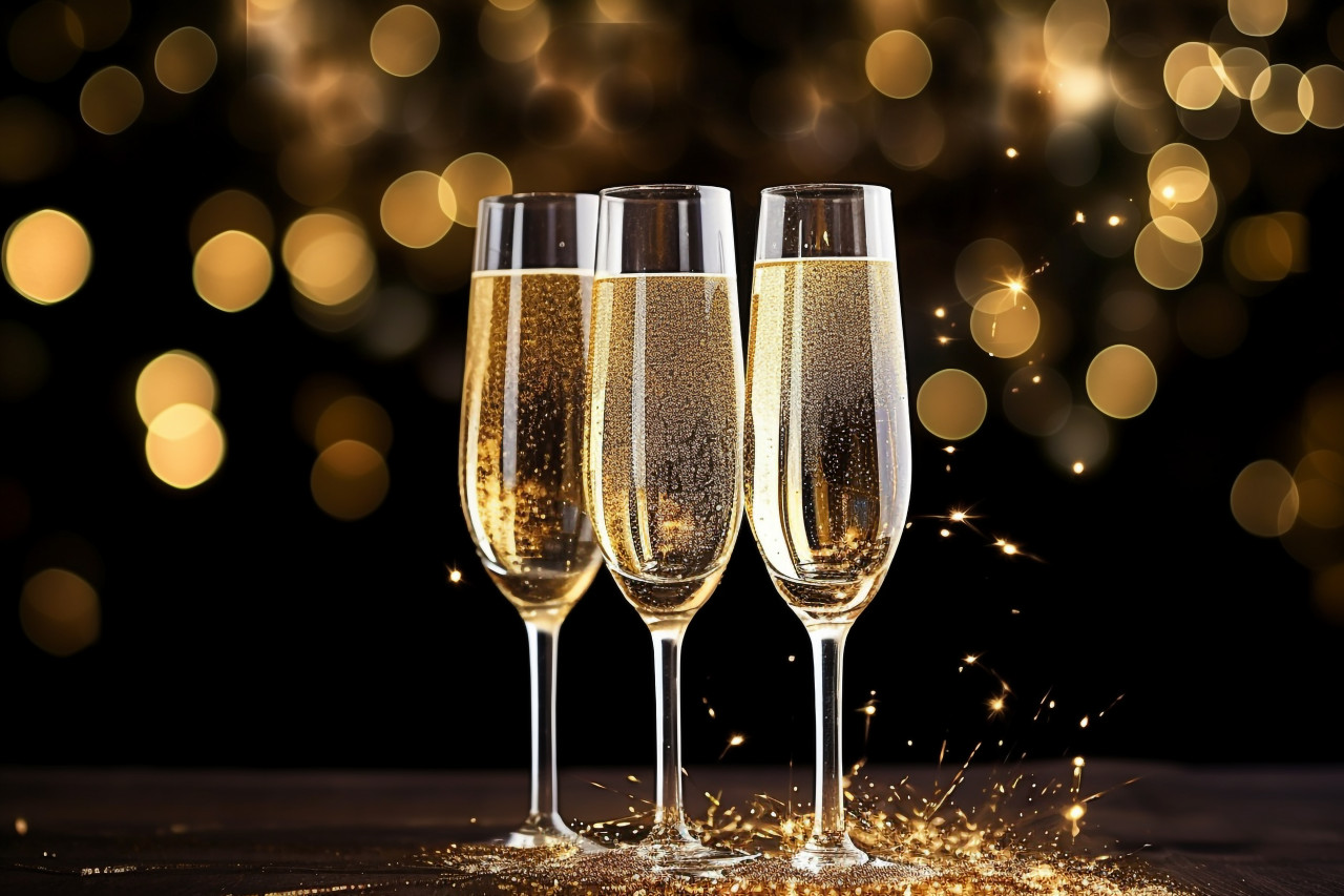 Champagne glasses toasting against a twinkling background