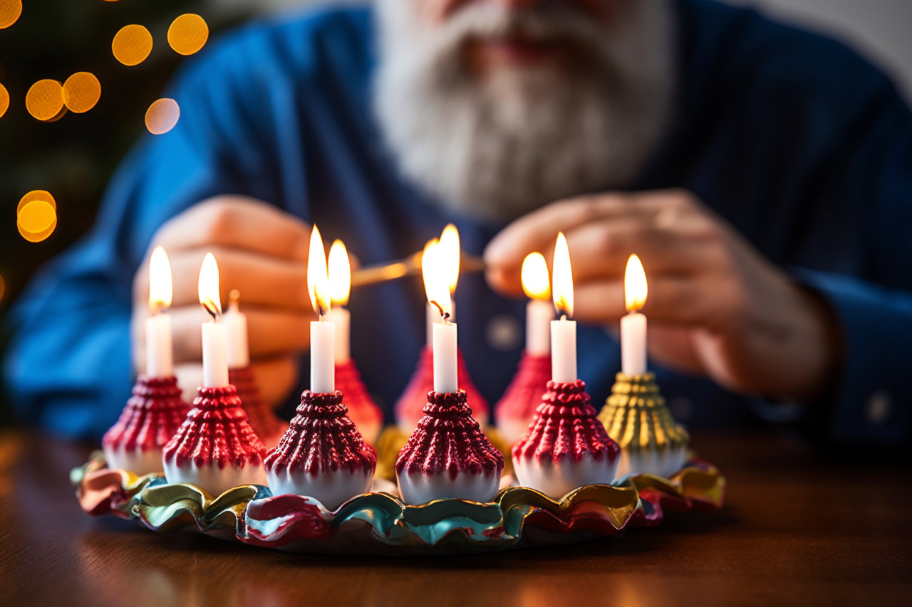 Hanukkah menorah candle lighting man