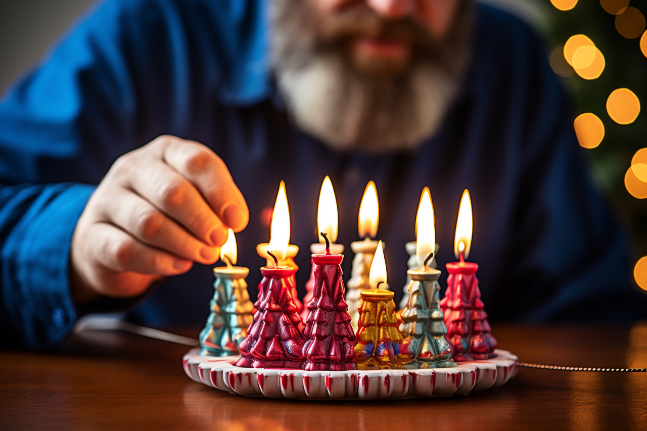Hanukkah menorah candle lighting man