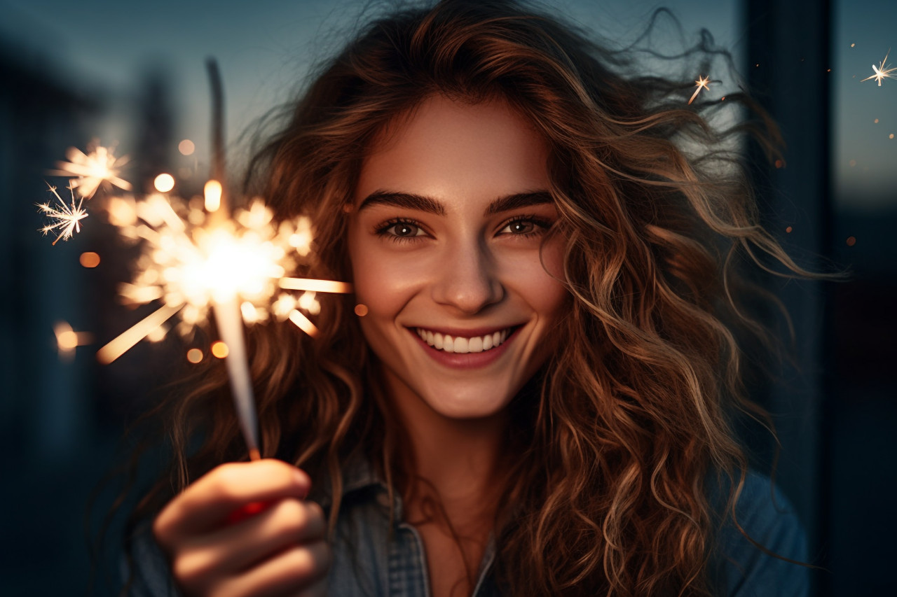 Joyful woman holds sparkler
