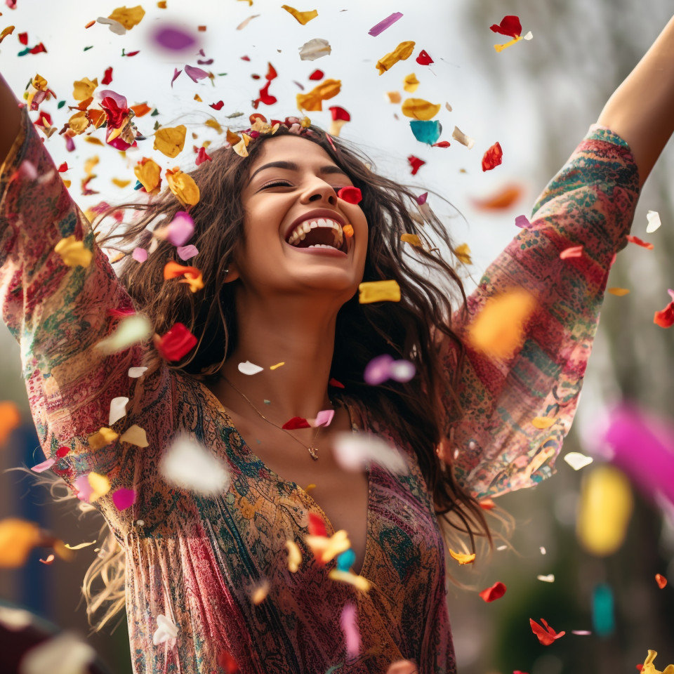 Woman throws confetti with a joyful smile