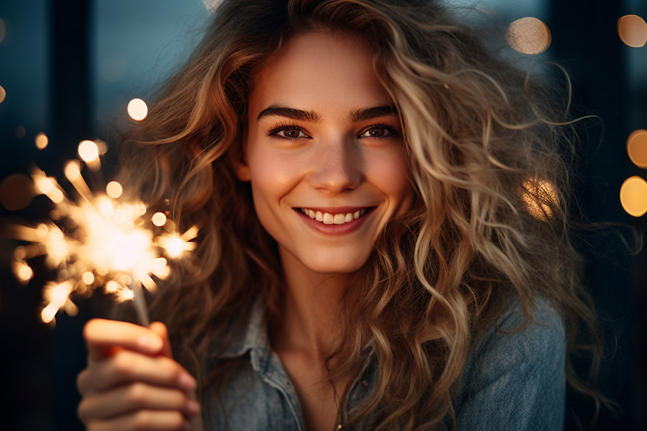 Joyful woman holds sparkler